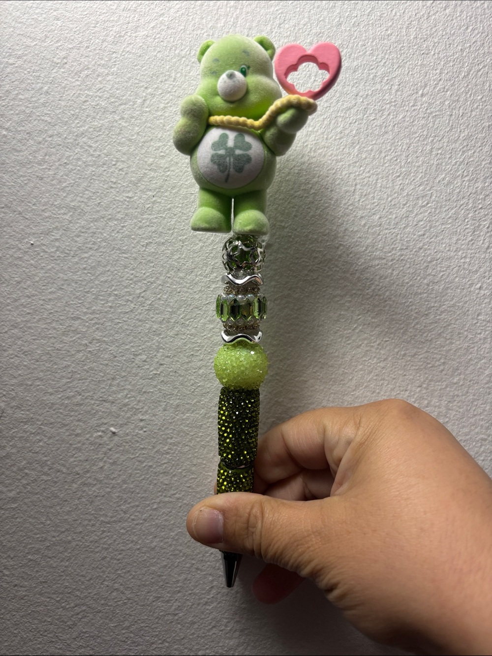 Green Bear Beaded Kids Pen with Pink Heart Accent